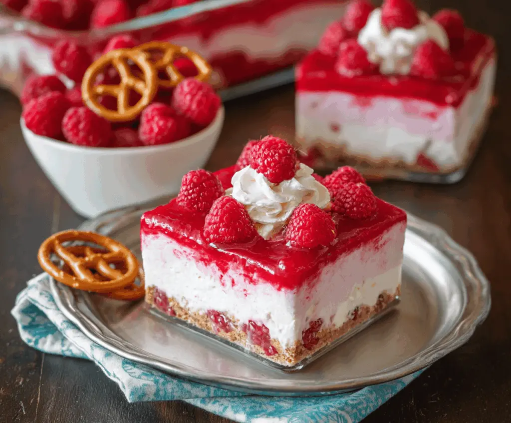 Delicious creamy raspberry pretzel dessert topped with fresh raspberries and whipped cream.