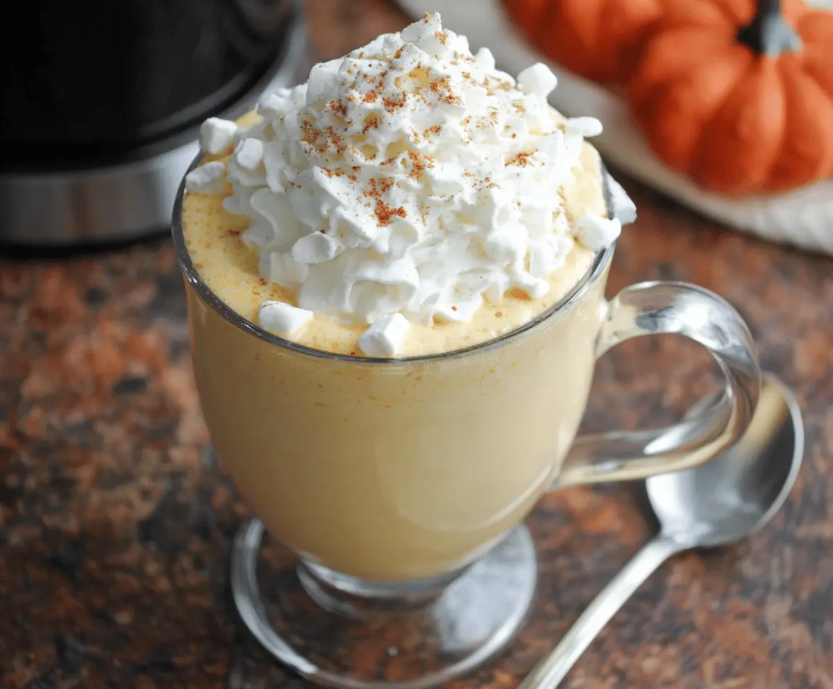 Creamy Crockpot Pumpkin Pie White Hot Chocolate in a cozy mug with whipped cream and cinnamon topping.