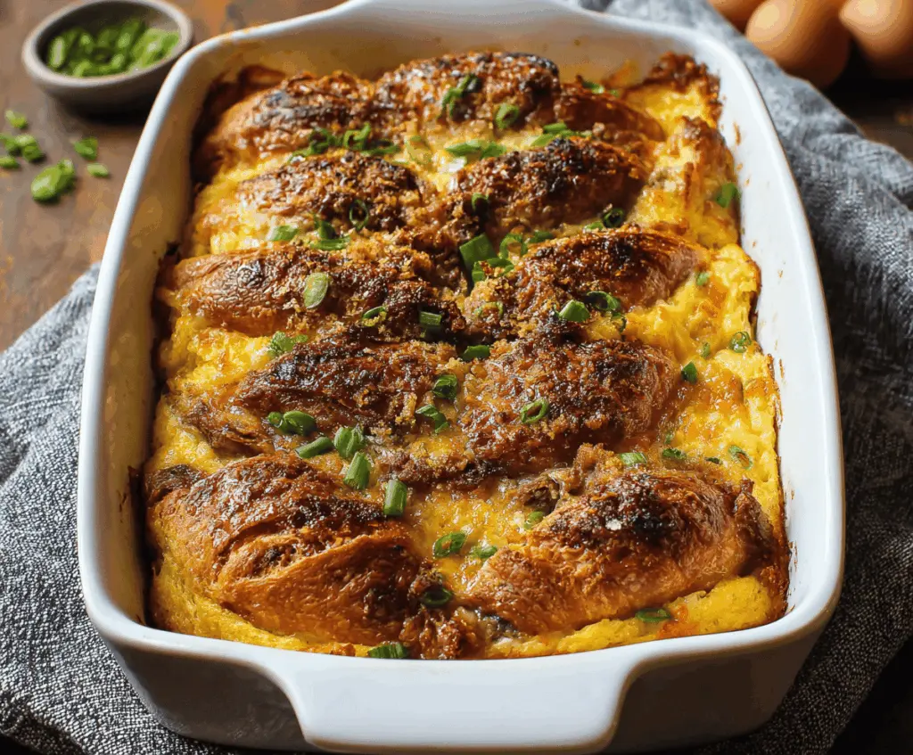 Delicious Croissant Breakfast Casserole with eggs, cheese, and ham in a baking dish.