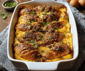 Delicious Croissant Breakfast Casserole with eggs, cheese, and ham in a baking dish.