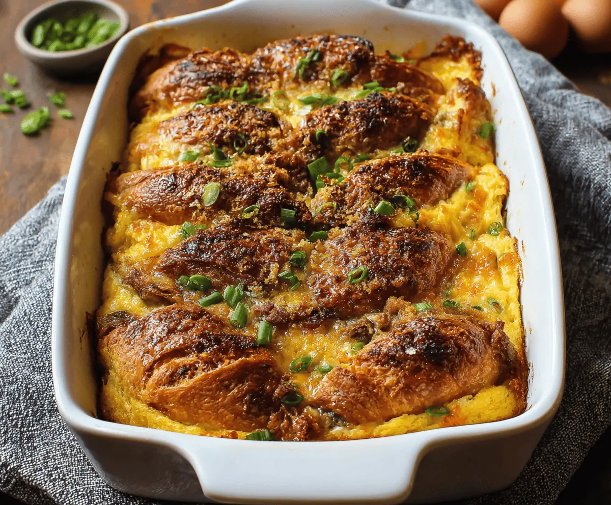 Delicious Croissant Breakfast Casserole with eggs, cheese, and ham in a baking dish.