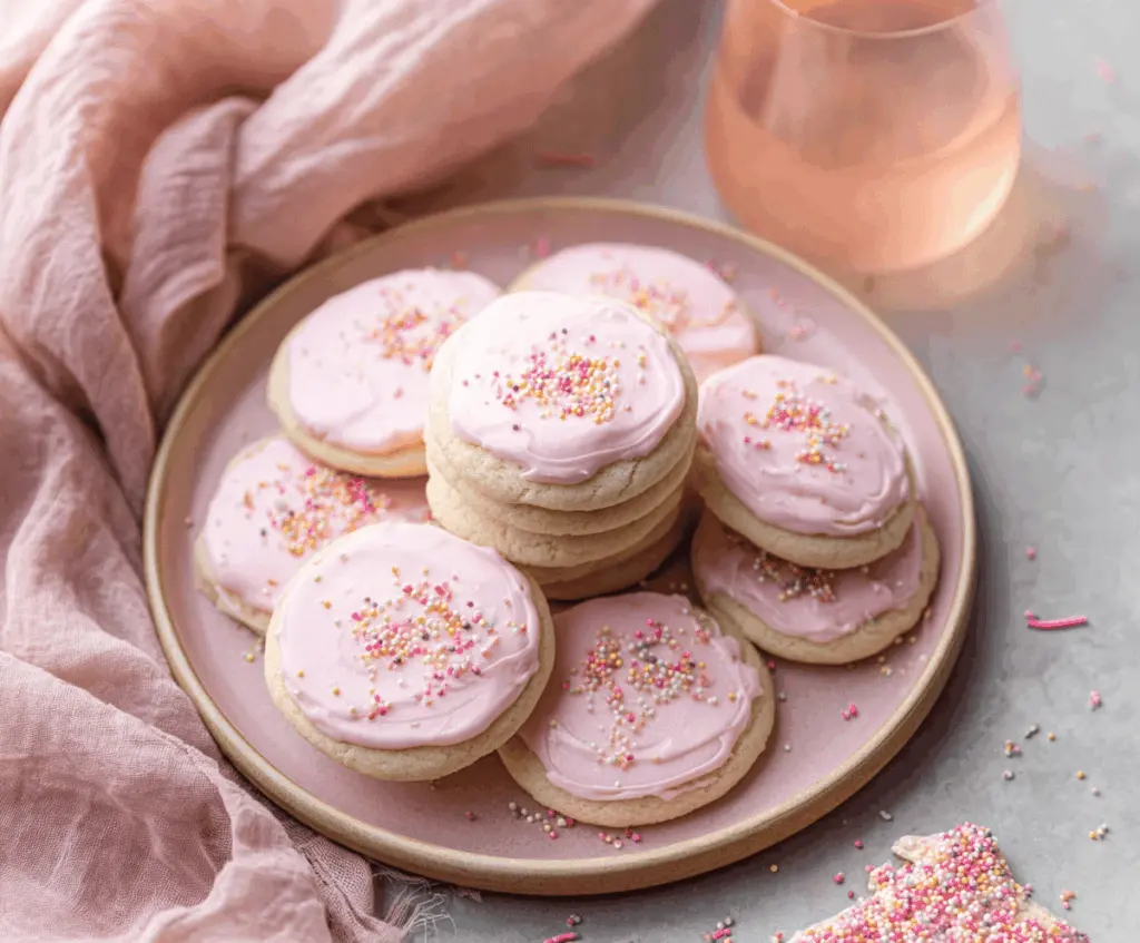 Delicious Crumbl Pink Chilled Sugar Cookies with a soft, pink frosting and sprinkles.
