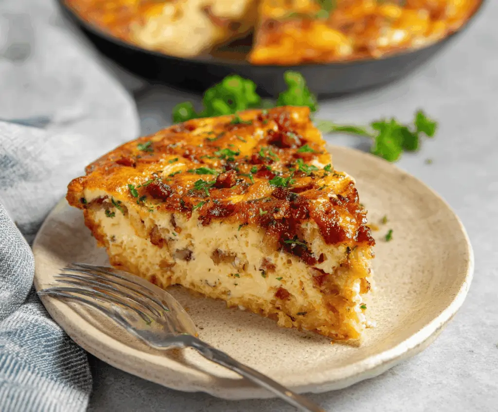 Delicious crustless bacon and cheese quiche served on a plate, perfect for breakfast or brunch.