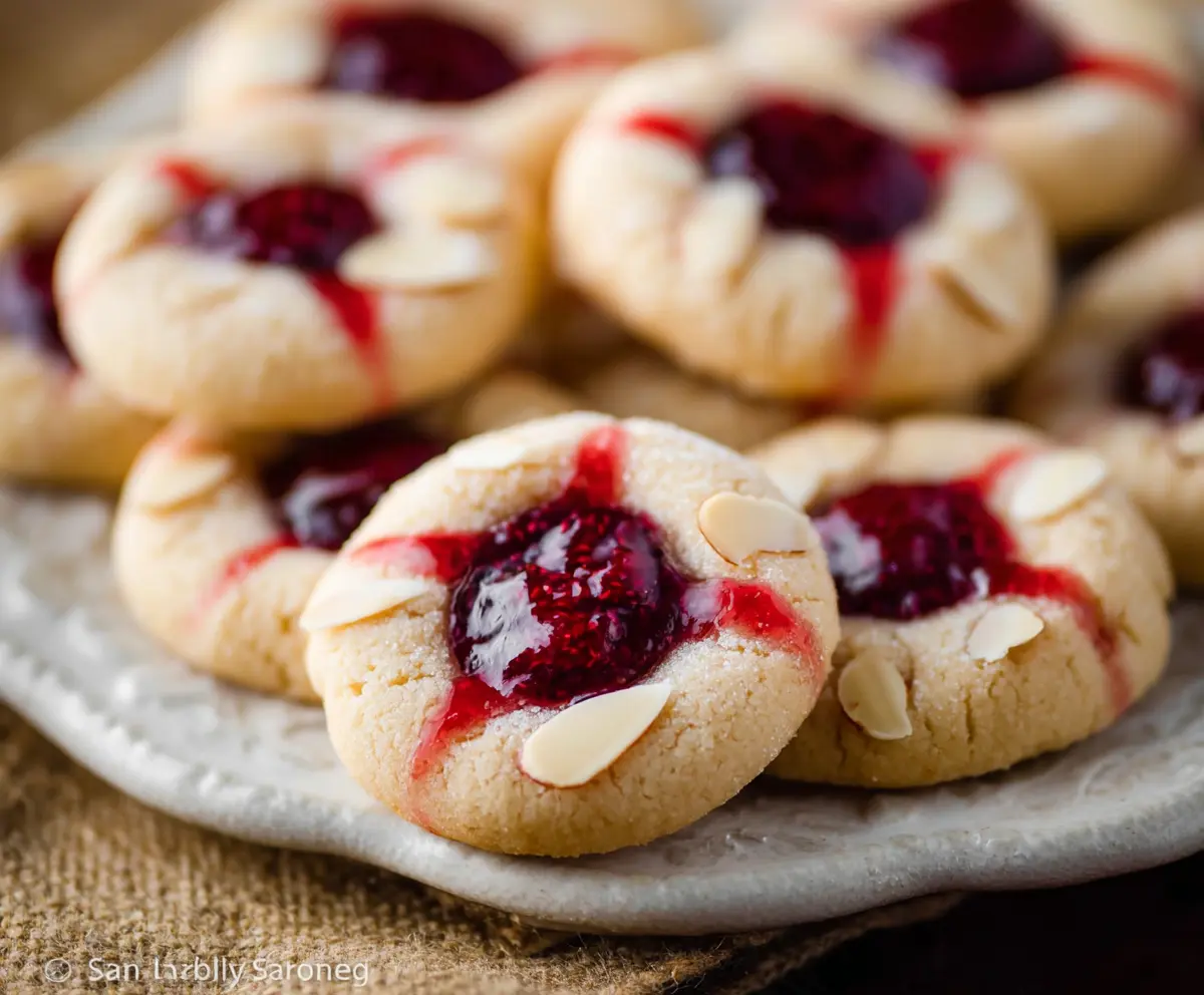 Delicious raspberry almond thumbprint cookies with a golden crust and vibrant raspberry filling.