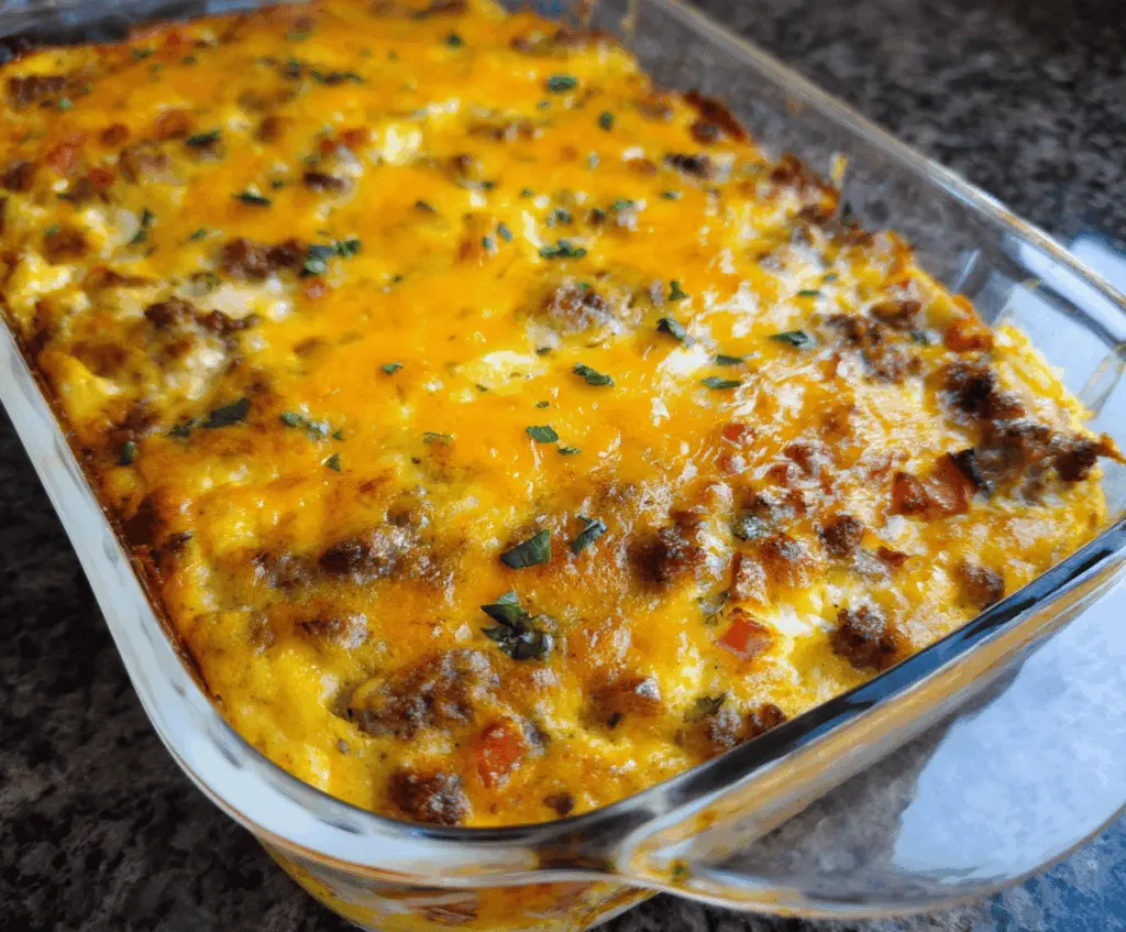 Delicious Firemans Breakfast Casserole with eggs, sausage, and cheese ready to serve.