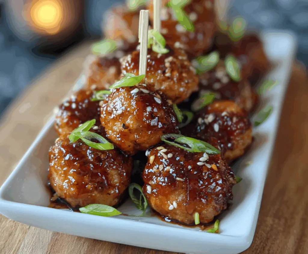 Delicious ginger glazed turkey meatball bites on a white plate, perfect appetizer for parties.