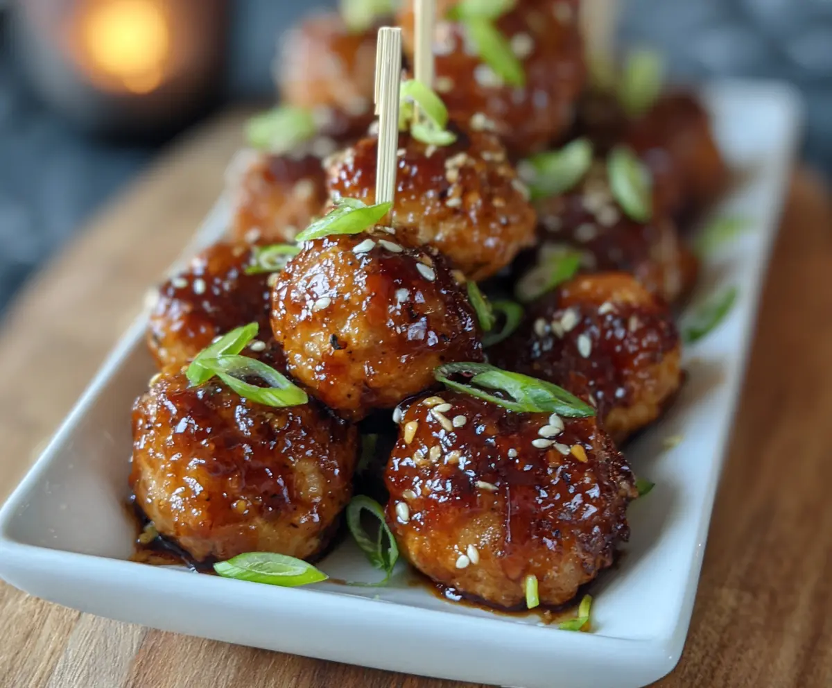 Delicious ginger glazed turkey meatball bites on a white plate, perfect appetizer for parties.