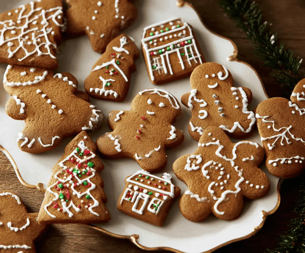 Delicious homemade gingerbread biscuits decorated with icing for Christmas.