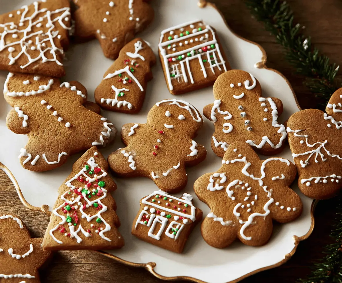 Delicious homemade gingerbread biscuits decorated with icing for Christmas.