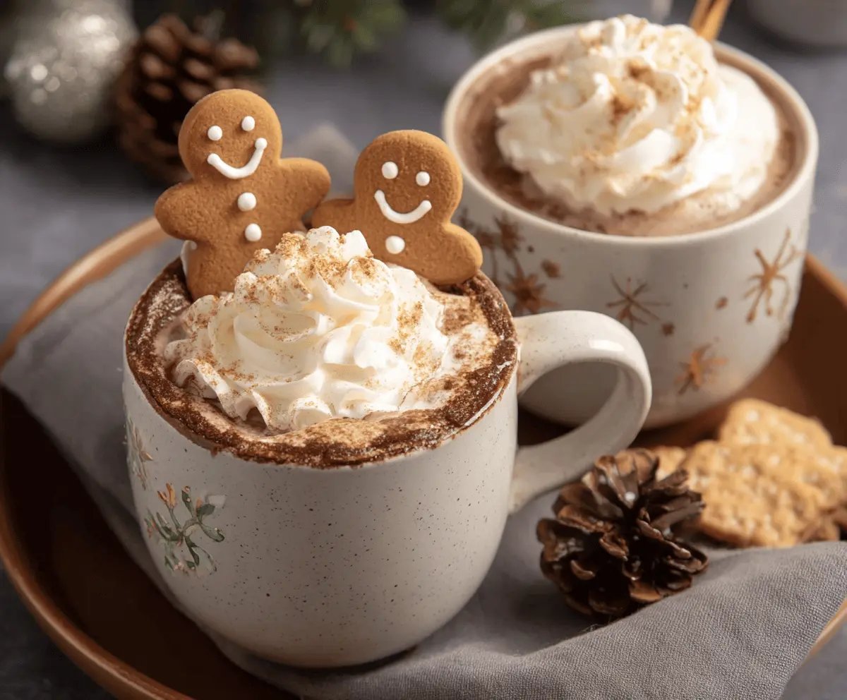 Warm gingerbread hot chocolate topped with whipped cream and cinnamon in a cozy mug.