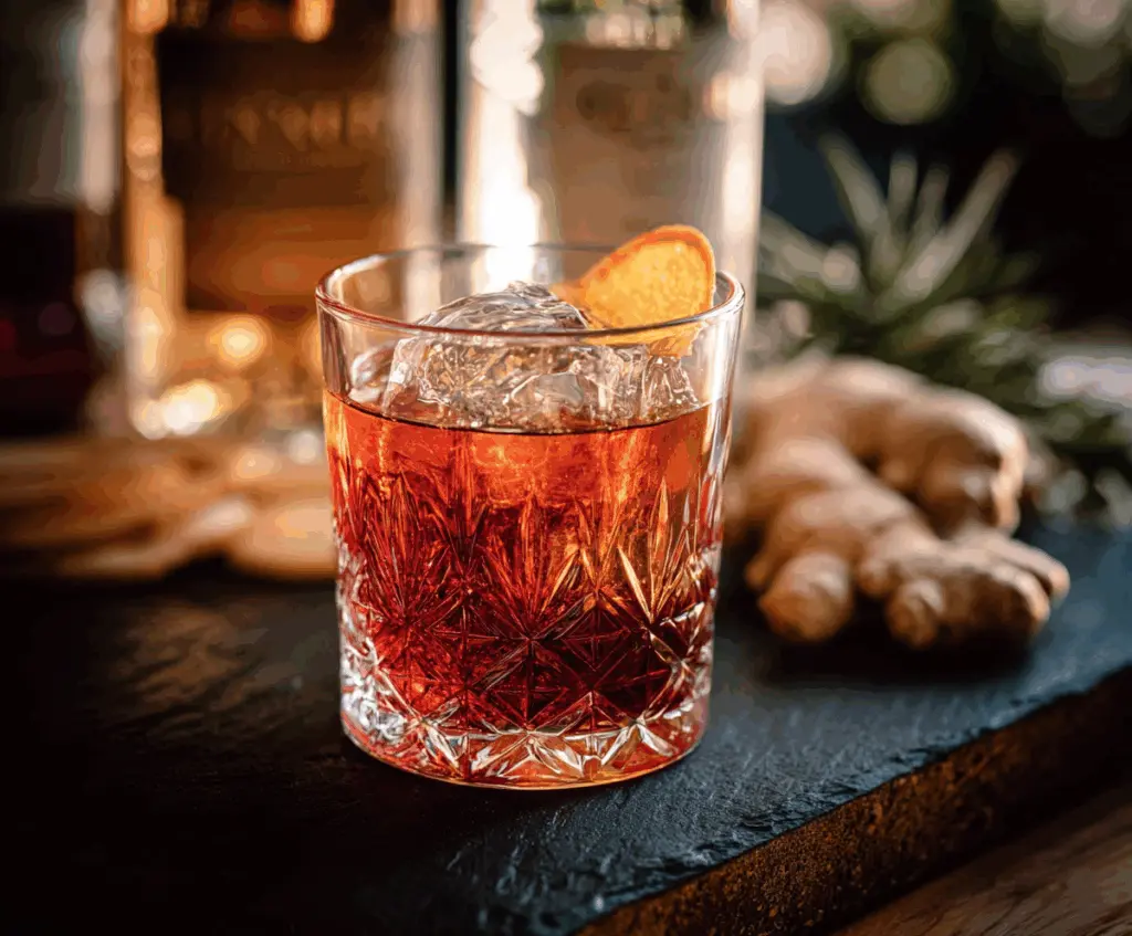 A festive Gingerbread Negroni cocktail with cinnamon and ginger garnishes in a stylish glass.