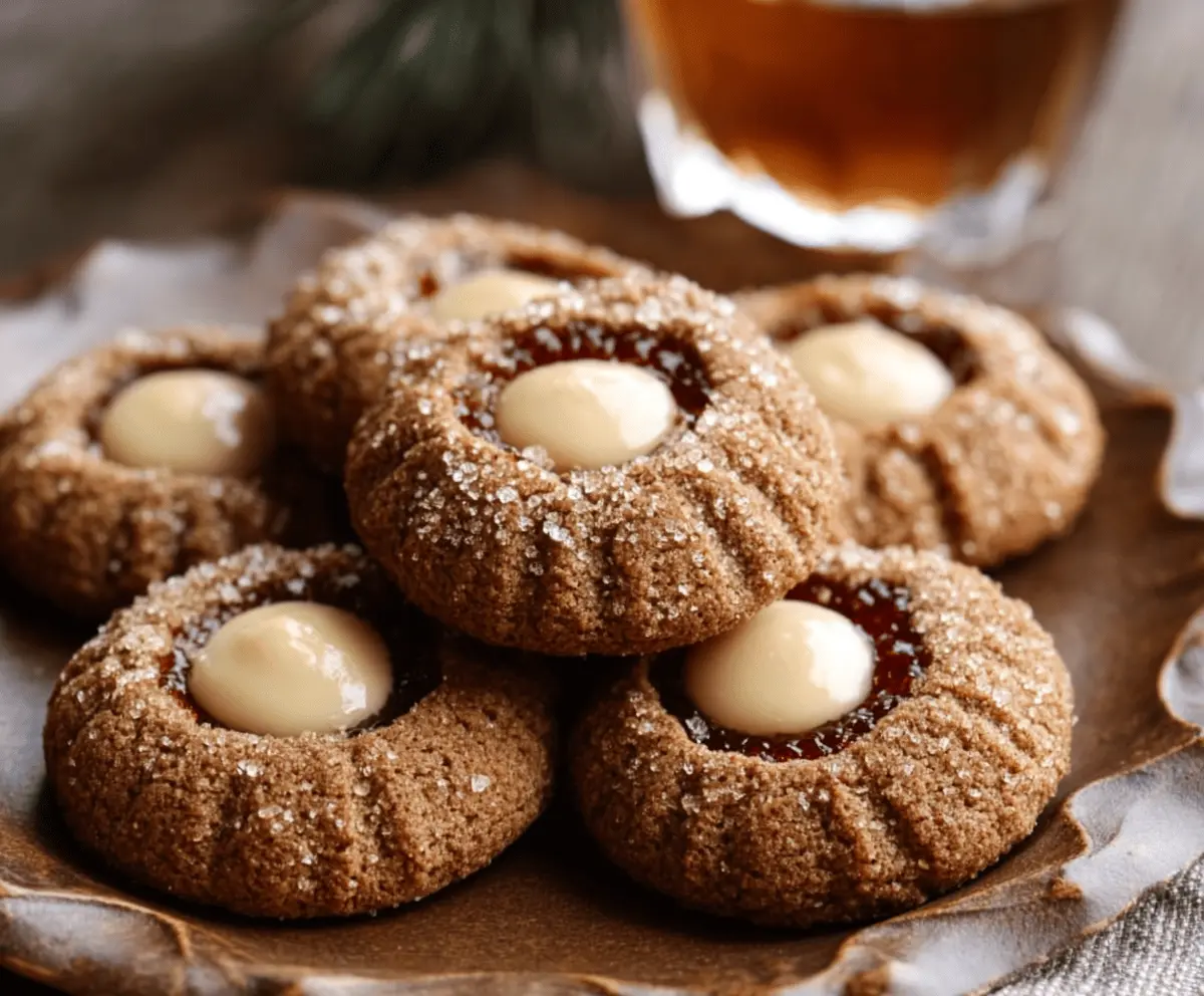 Delicious gingerbread thumbprint cookies with a sprinkle of sugar and a jam-filled center.