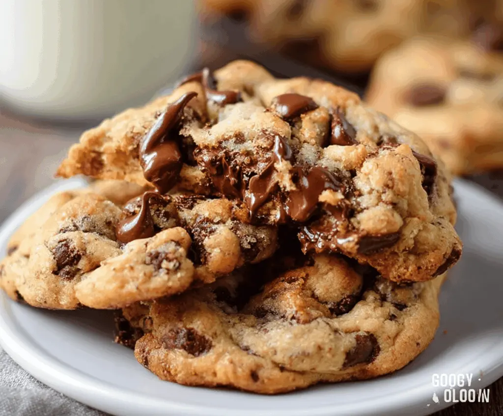 Delicious gooey chocolate chip cookies fresh out of the oven with melty chocolate centers.