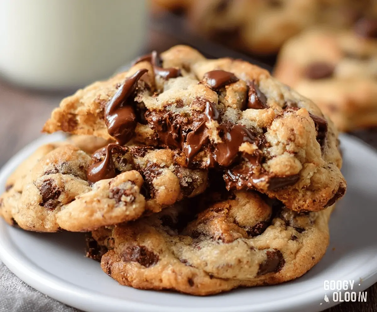 Delicious gooey chocolate chip cookies fresh out of the oven with melty chocolate centers.