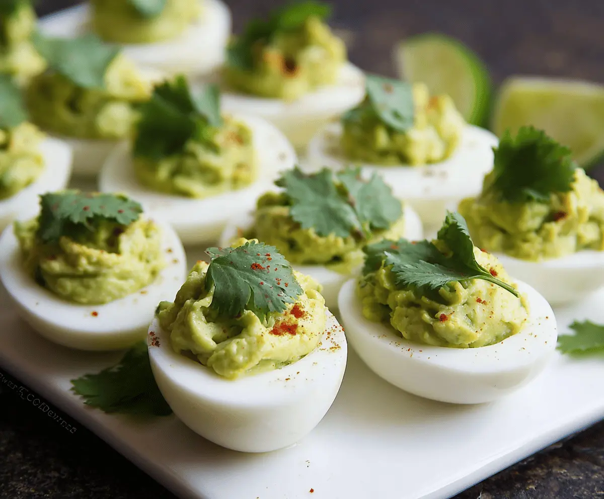 Delicious Guacamole Deviled Eggs with creamy avocado filling and garnished with herbs.