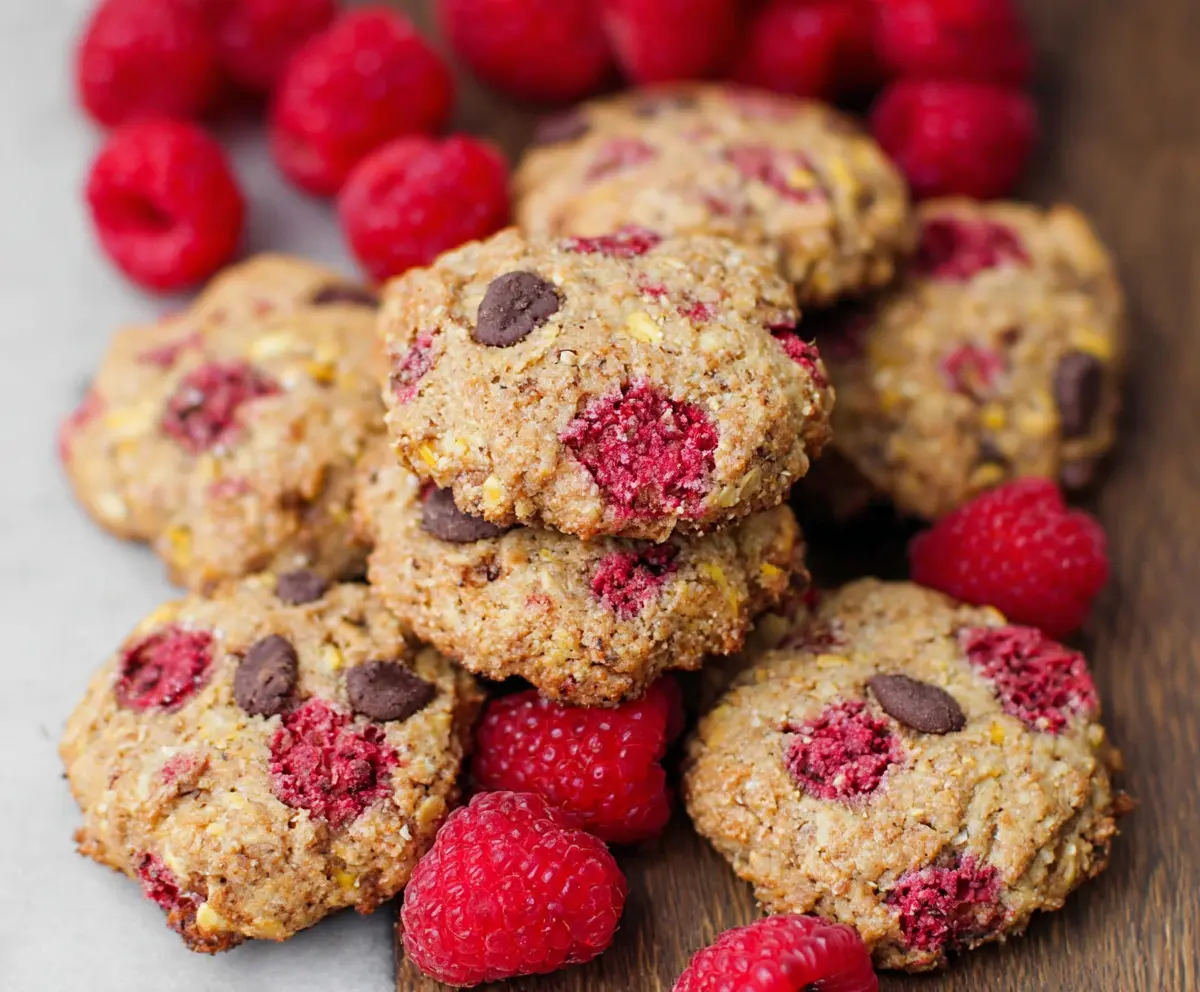 Delicious homemade healthy raspberry cookies on a white plate with fresh raspberries nearby.