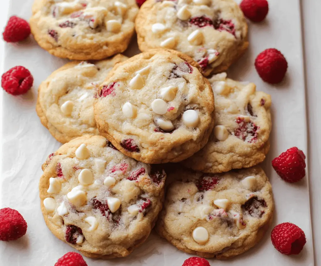 Delicious homemade white chocolate raspberry cheesecake cookies topped with fresh raspberries.