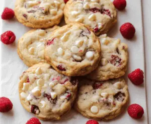 Delicious homemade white chocolate raspberry cheesecake cookies topped with fresh raspberries.