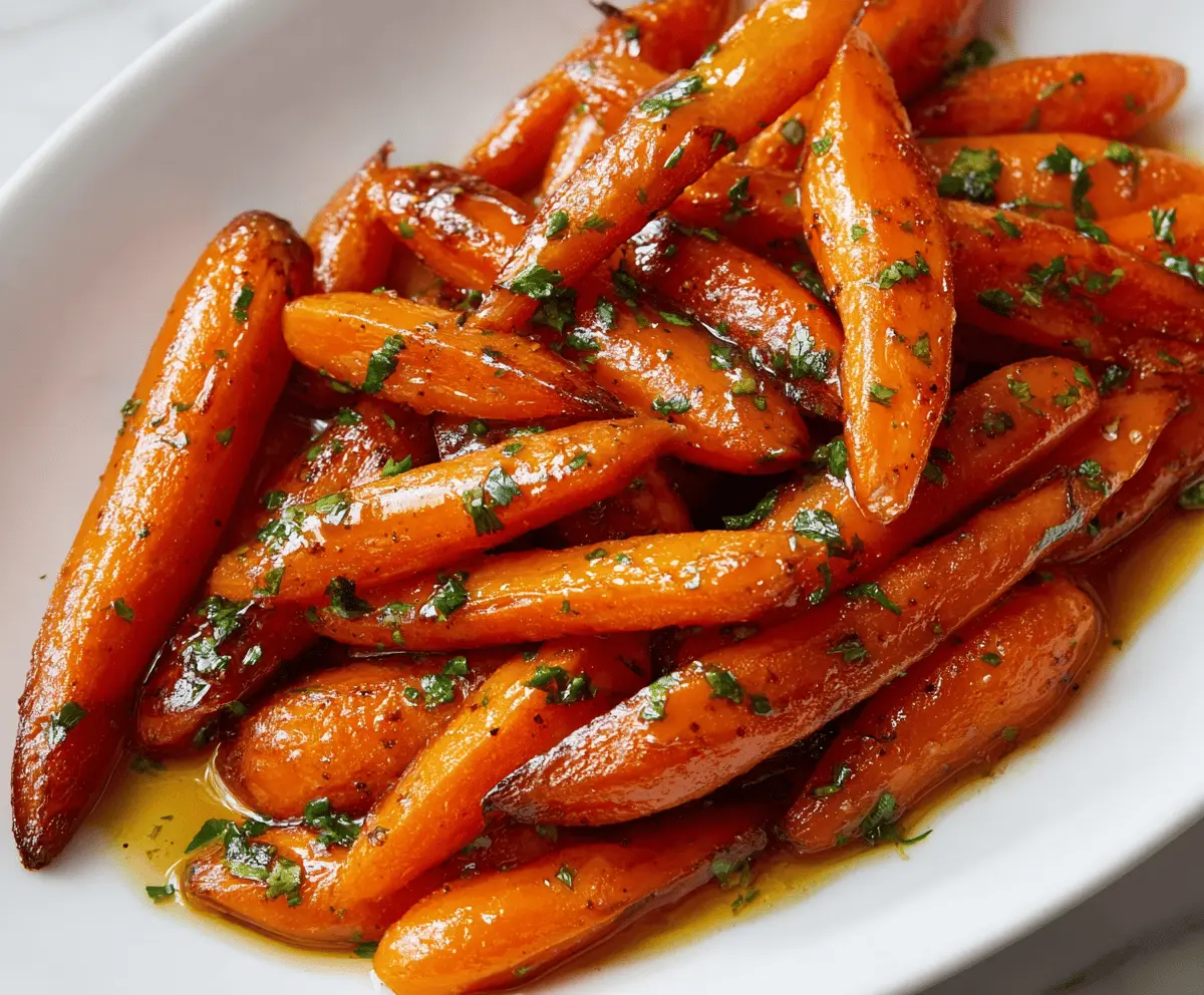 Delicious honey glazed carrots served on a plate, showcasing a glossy caramelized exterior and vibrant orange color.