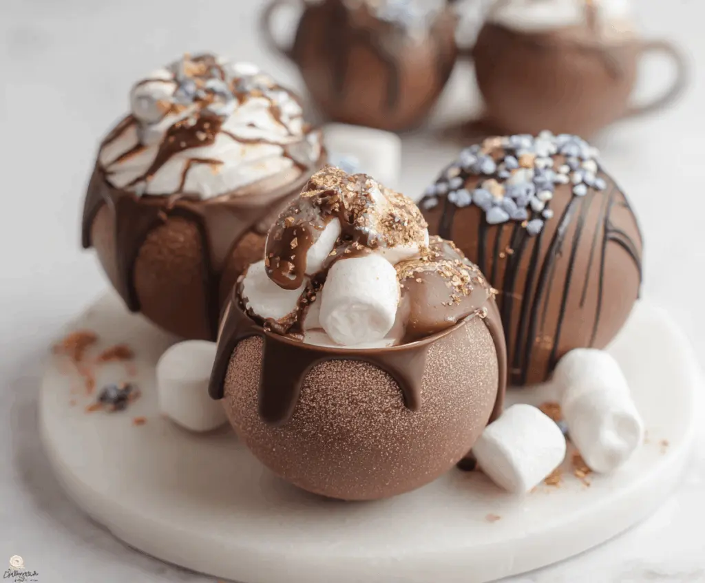 Delicious hot chocolate bomb melting in a mug with rich chocolate and marshmallows.
