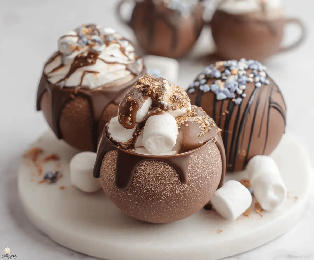 Delicious hot chocolate bomb melting in a mug with rich chocolate and marshmallows.