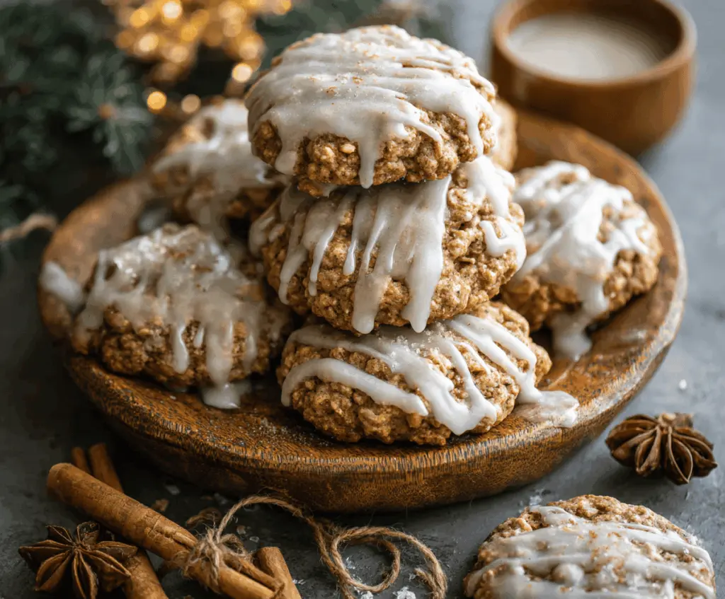 Delicious iced gingerbread oatmeal cookies on a platter, perfect for holiday treats.
