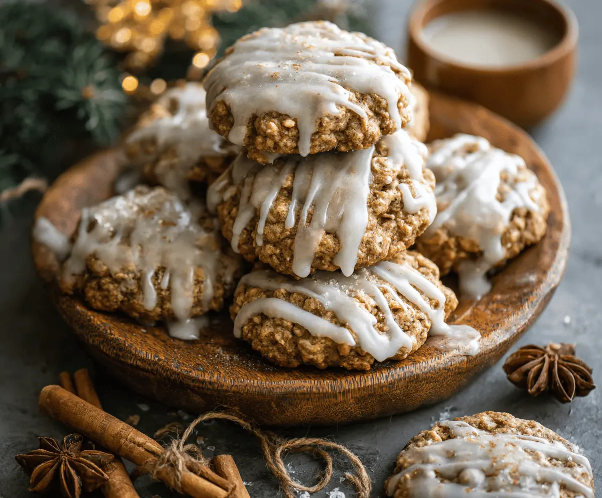 Iced gingerbread oatmeal cookies on a platter, perfect for cozy treats