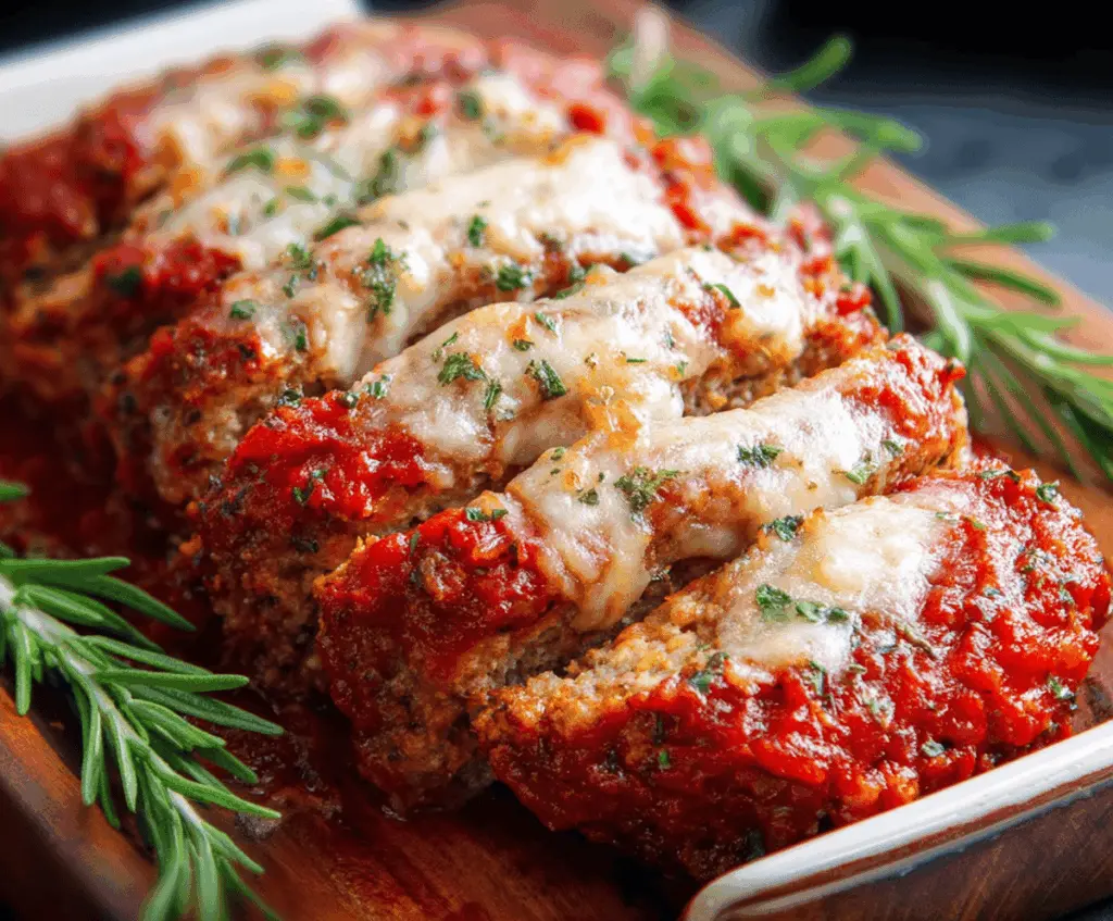 Delicious homemade Italian Meatloaf served on a plate with herbs and side vegetables