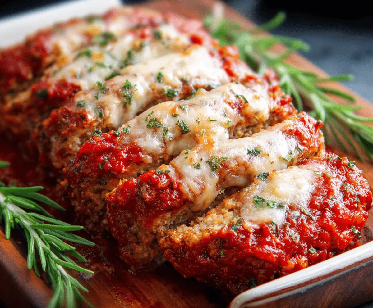 Delicious homemade Italian Meatloaf served on a plate with herbs and side vegetables