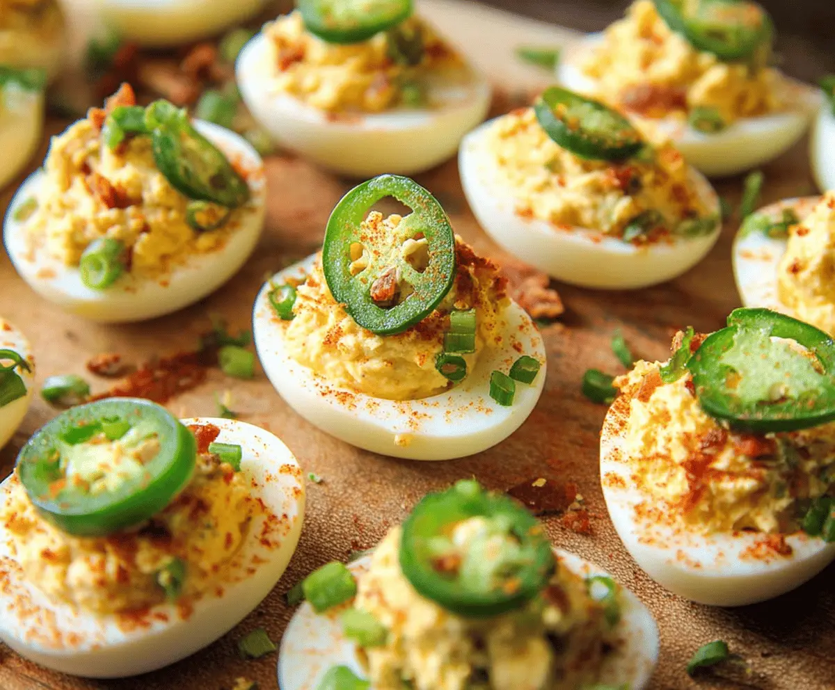 Delicious Jalapeño Popper Deviled Eggs with spicy jalapeño slices and creamy filling on a platter.