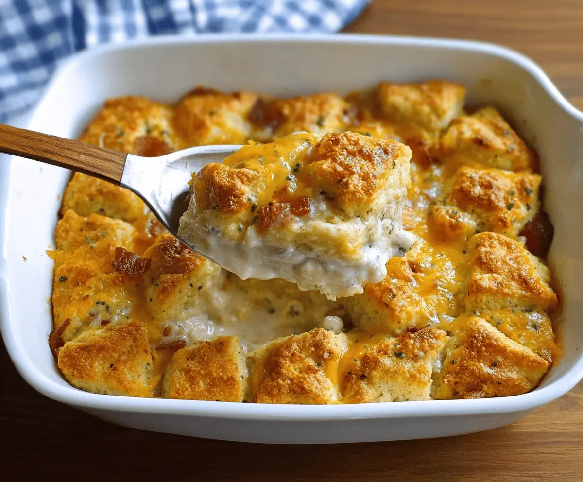 Delicious Lazy Biscuits Breakfast Casserole with melted cheese, eggs, and breakfast meats in a baking dish.