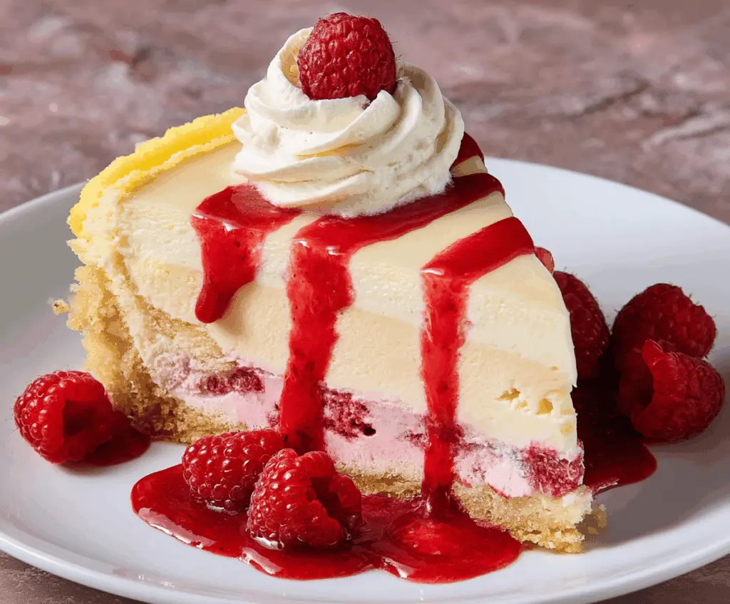 Lemon Raspberry Cream Cheesecake with fresh raspberries and lemon slices on top