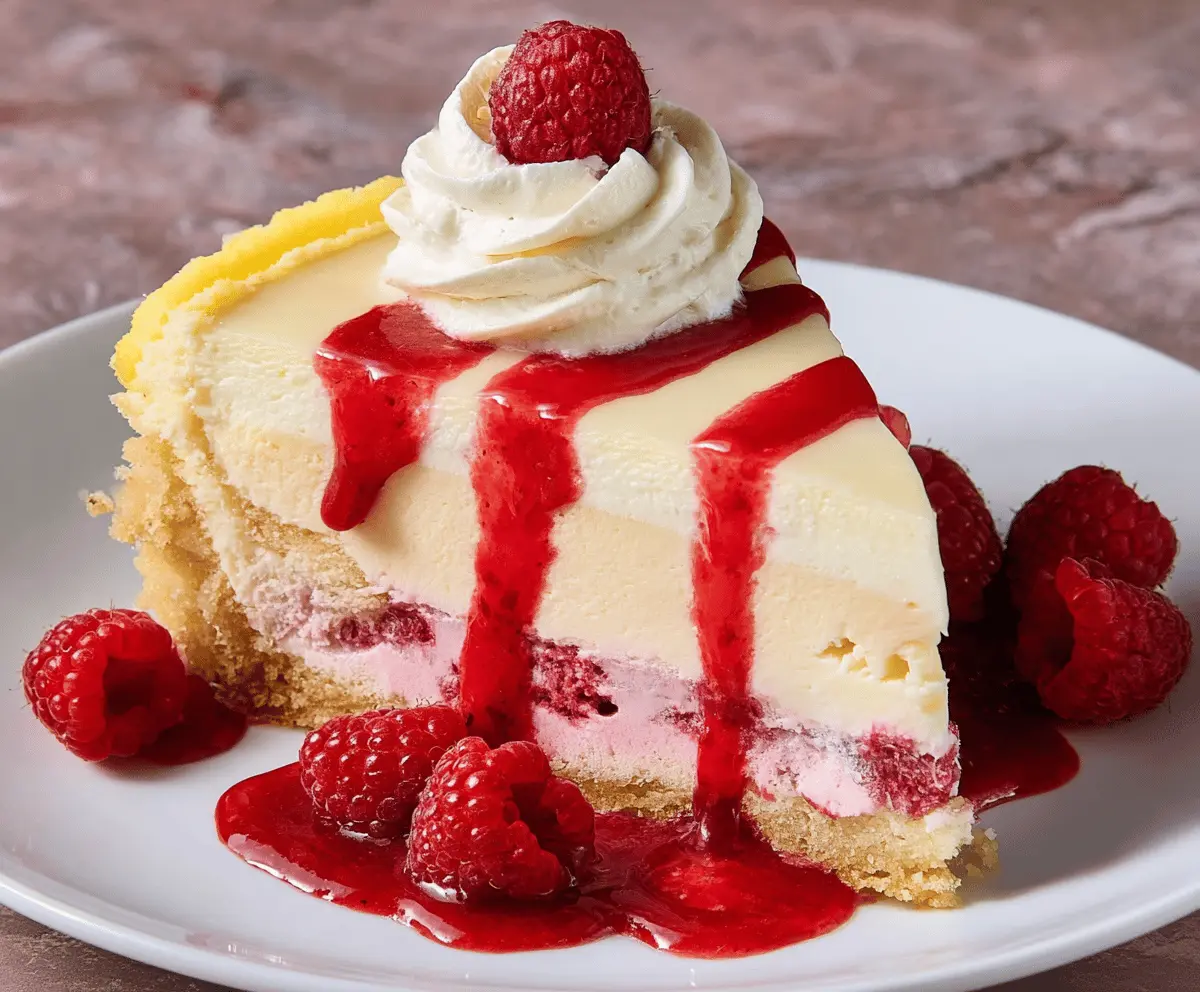 Lemon Raspberry Cream Cheesecake with fresh raspberries and lemon slices on top