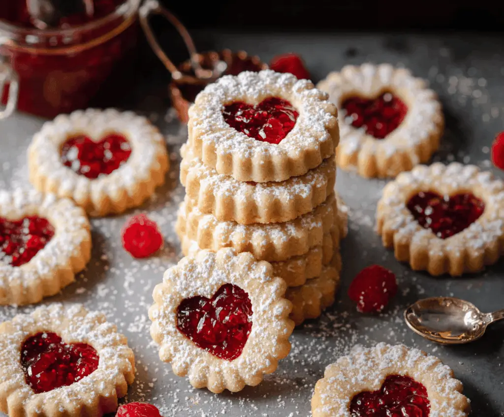 Delicious Linzer Raspberry Cookies with powdered sugar and raspberry filling on a rustic plate