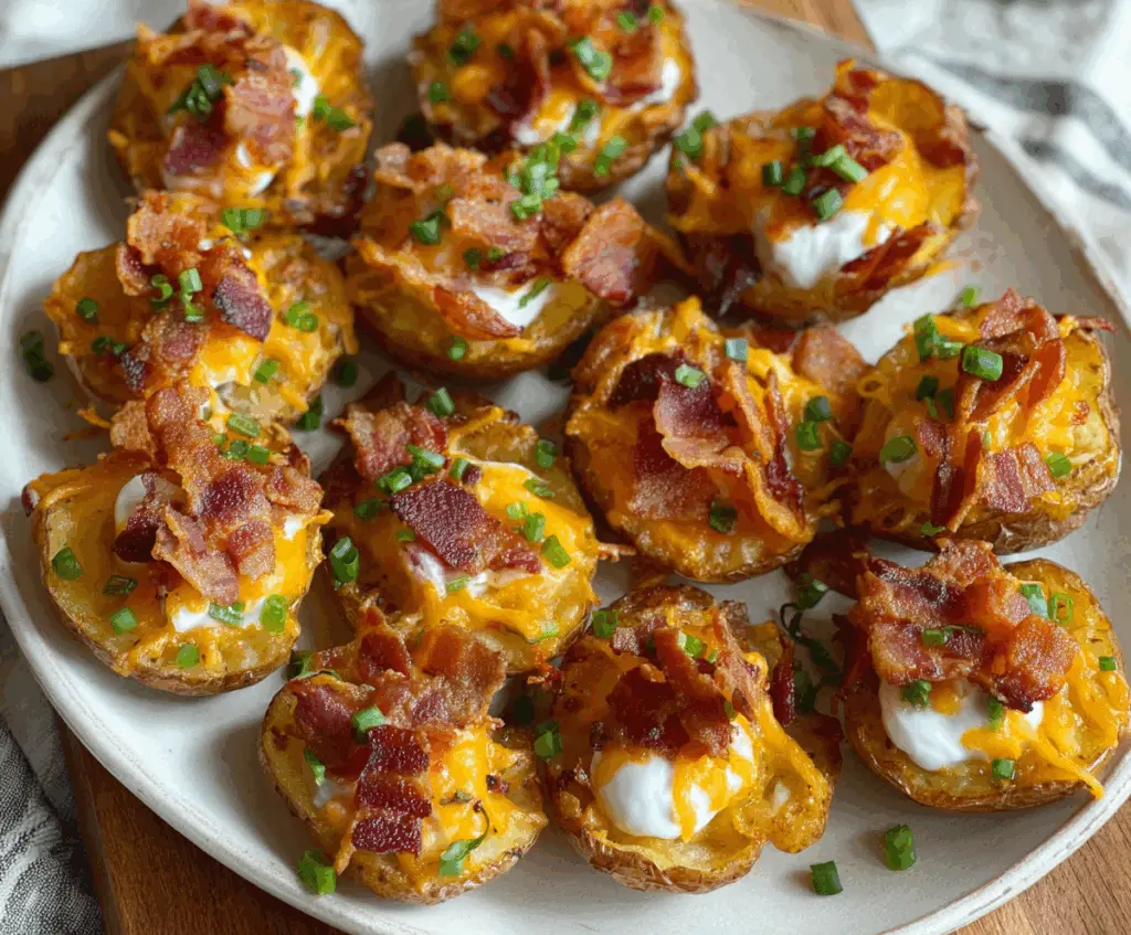 Close-up of loaded mini potato bites topped with cheese, bacon, and green onions served as a delicious appetizer.