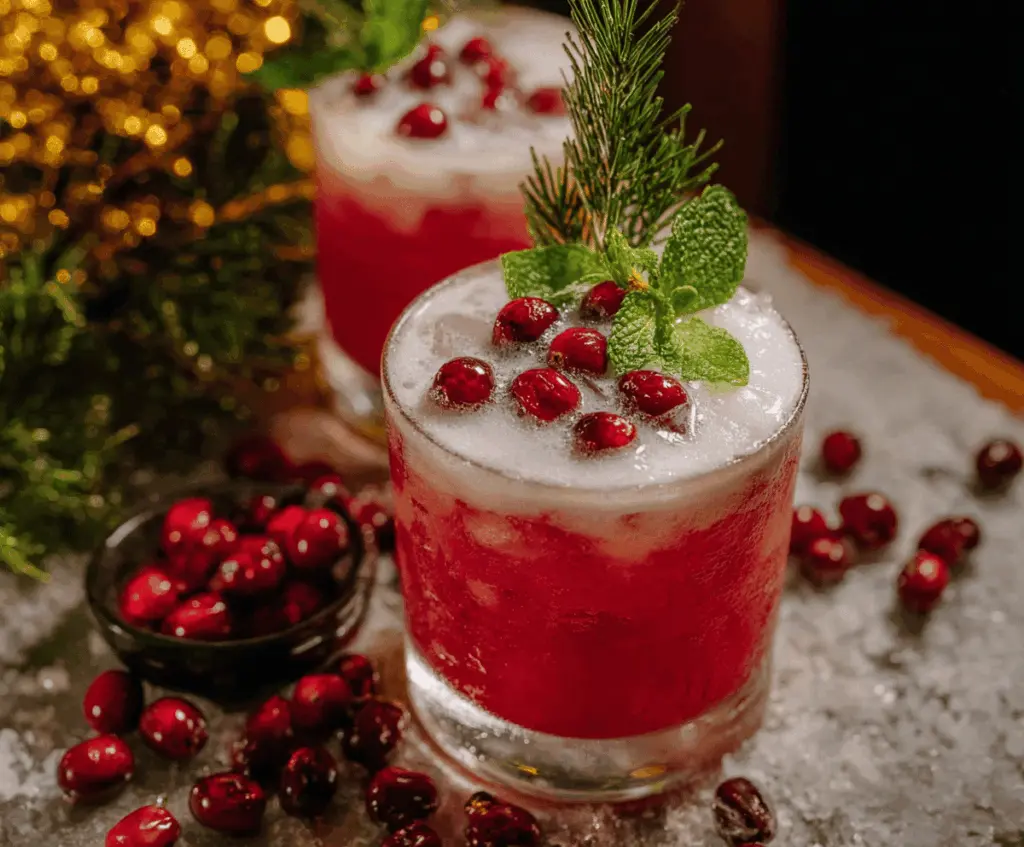 Festive Merry Mistletoe Cocktail in a decorative glass with mistletoe garnish for holiday celebration
