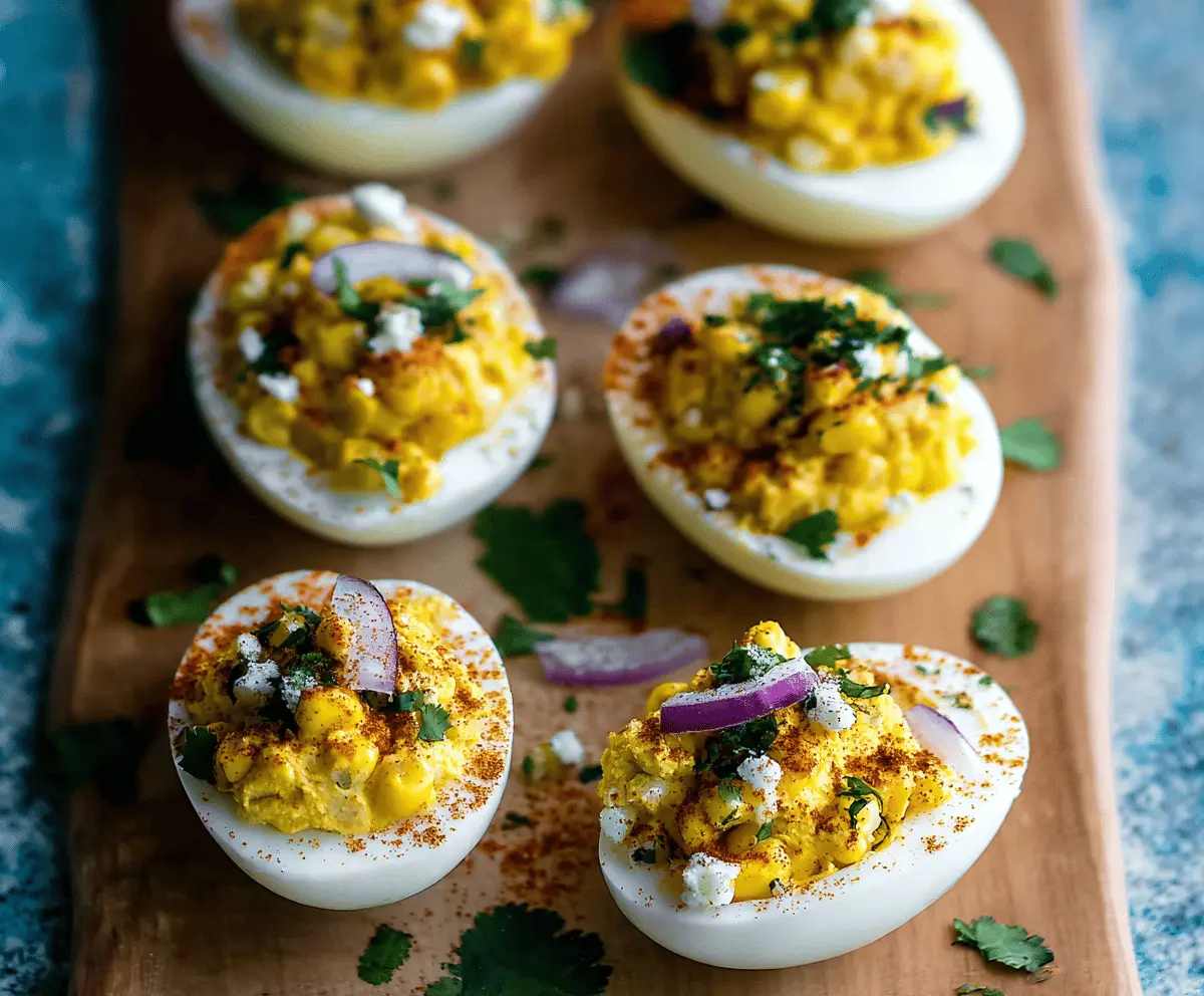 Delicious Mexican Street Corn Deviled Eggs garnished with cilantro and cotija cheese on a rustic plate