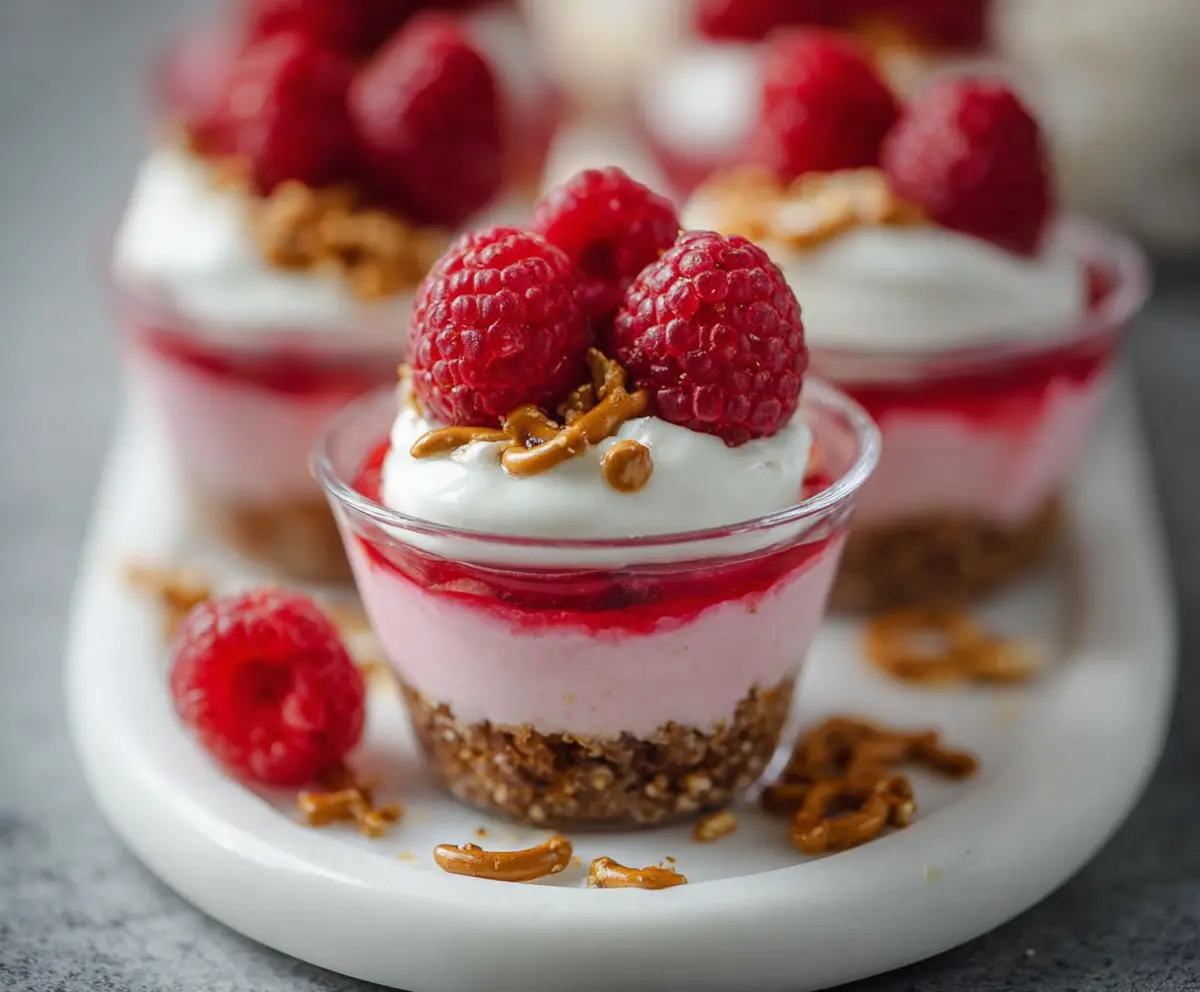 Delicious no-bake raspberry pretzel cups with creamy filling and fresh raspberries on top.