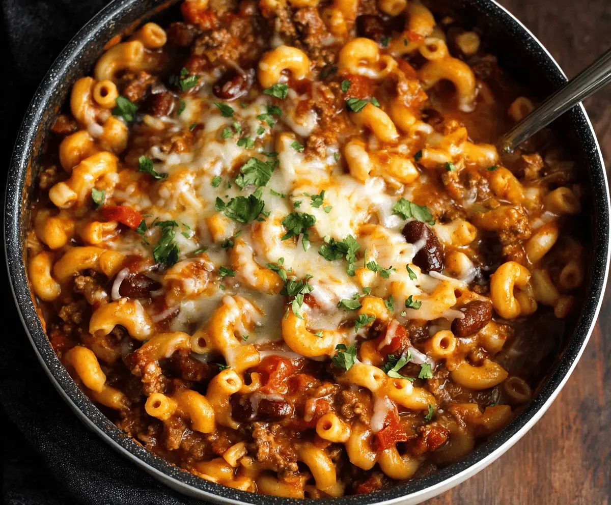 Delicious One Pot Chili Mac and Cheese in a bowl, highlighting cheesy pasta with chili toppings.