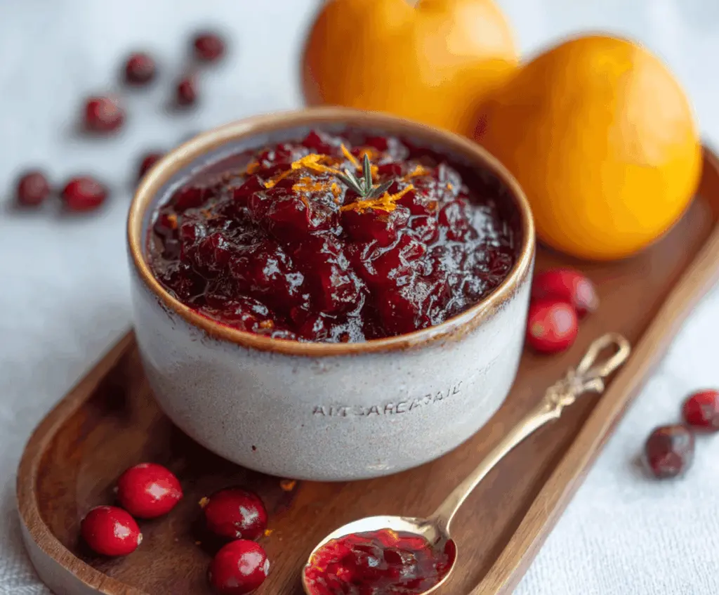 Bright orange Amaretto Cranberry Sauce served in a bowl, perfect for holiday dinners.