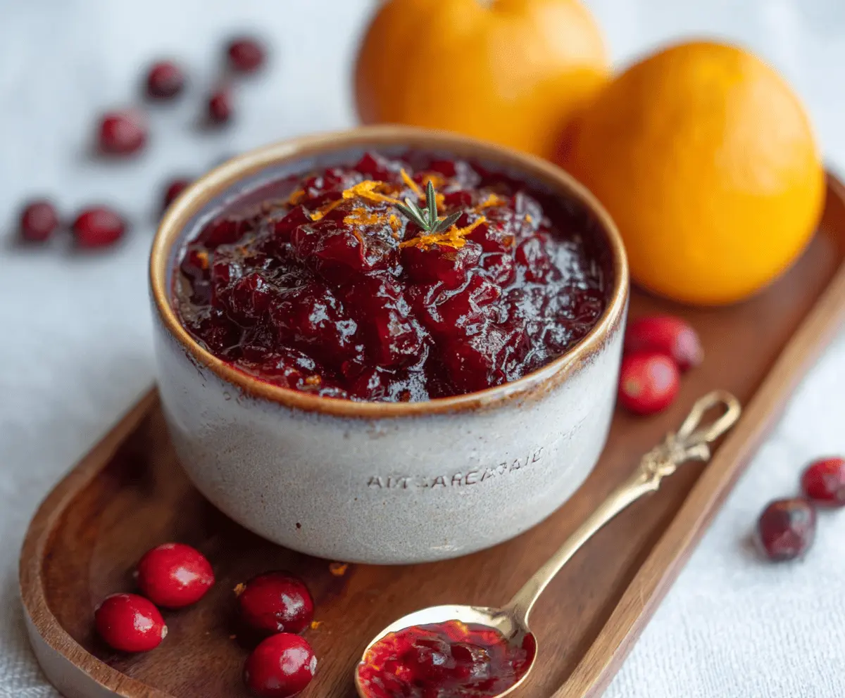 Bright orange Amaretto Cranberry Sauce served in a bowl, perfect for holiday dinners.