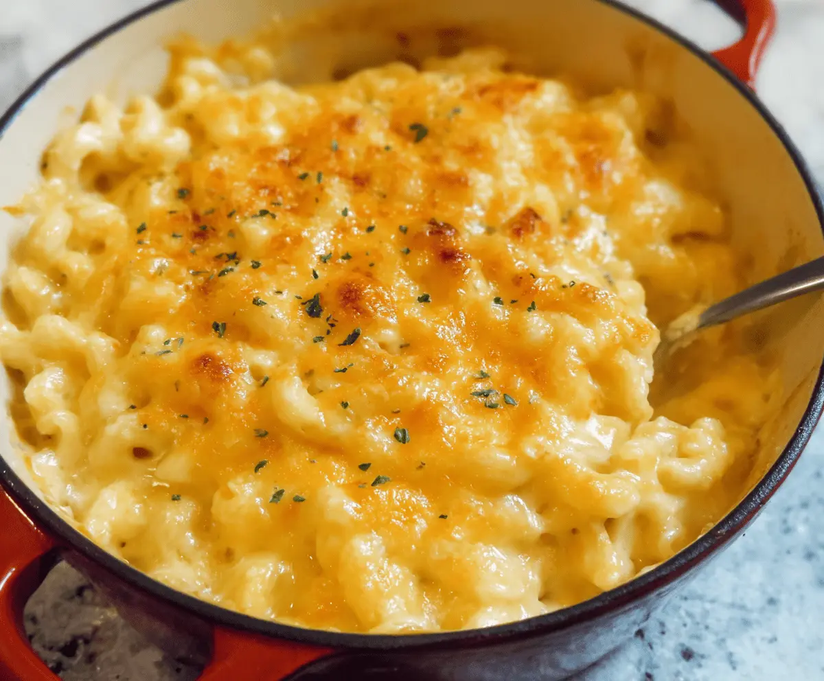 Creamy Paula Deen's Mac and Cheese served in a bowl, topped with melted cheese and golden breadcrumbs.