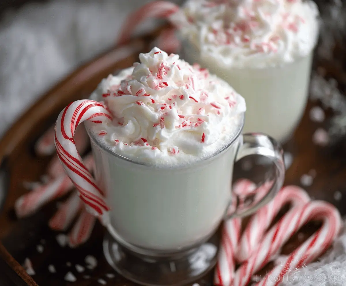 Creamy peppermint white hot chocolate in a mug topped with whipped cream and crushed peppermint candies.