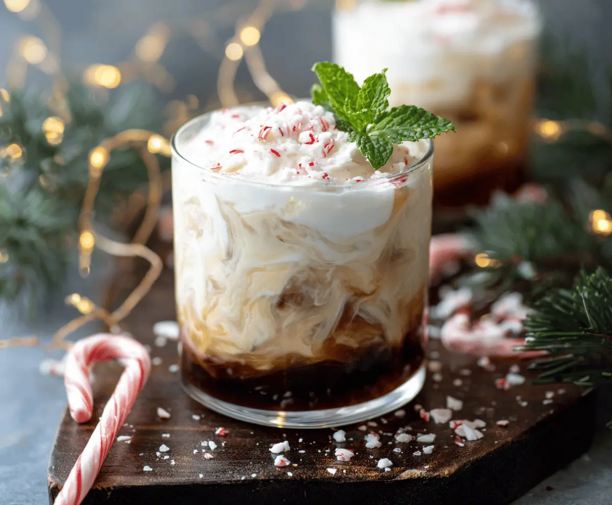 Delicious Peppermint White Russian cocktail with whipped cream and peppermint topping