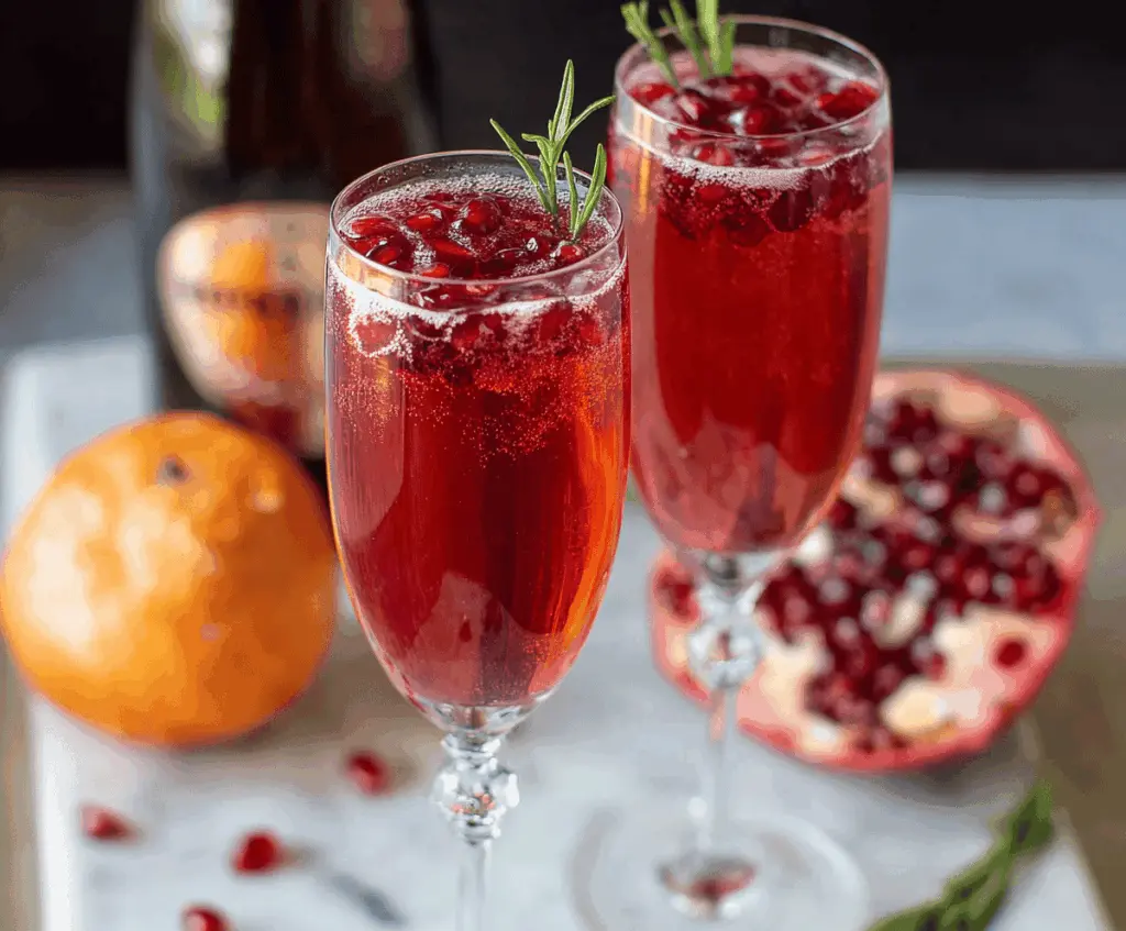 Elegant Pomegranate Prosecco Cocktail in a flute glass garnished with fresh pomegranate seeds and mint.