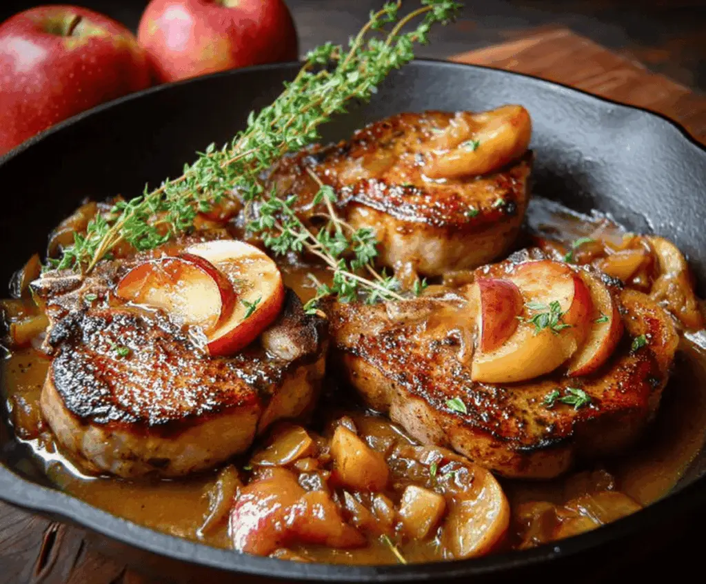 Juicy pork chops garnished with apple slices and herbs, served with apple cider sauce.