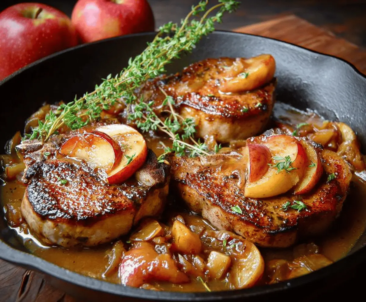 Juicy pork chops garnished with apple slices and herbs, served with apple cider sauce.