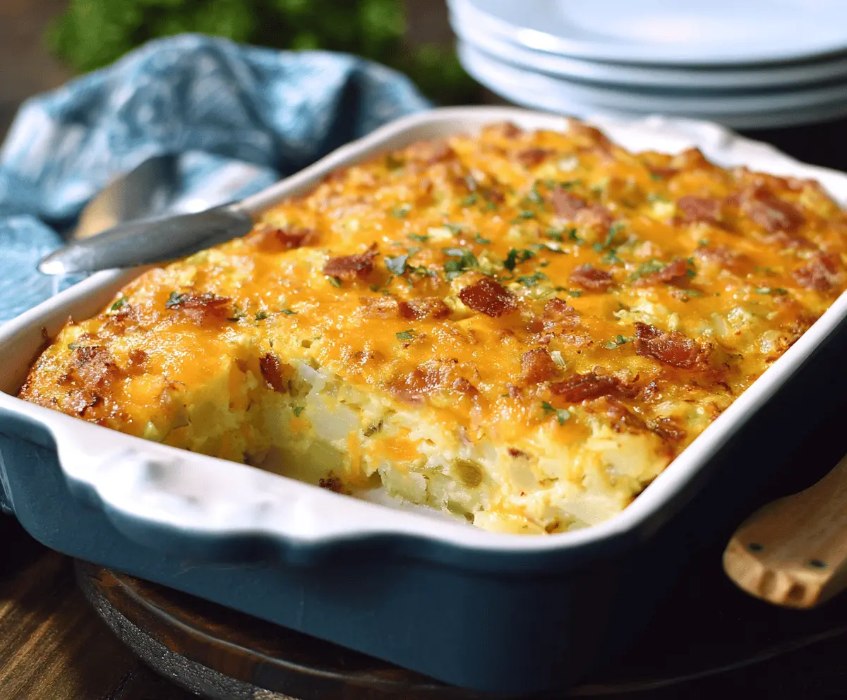 Delicious Potatoes O'Brien Breakfast Casserole with colorful peppers and melted cheese as a hearty breakfast dish.