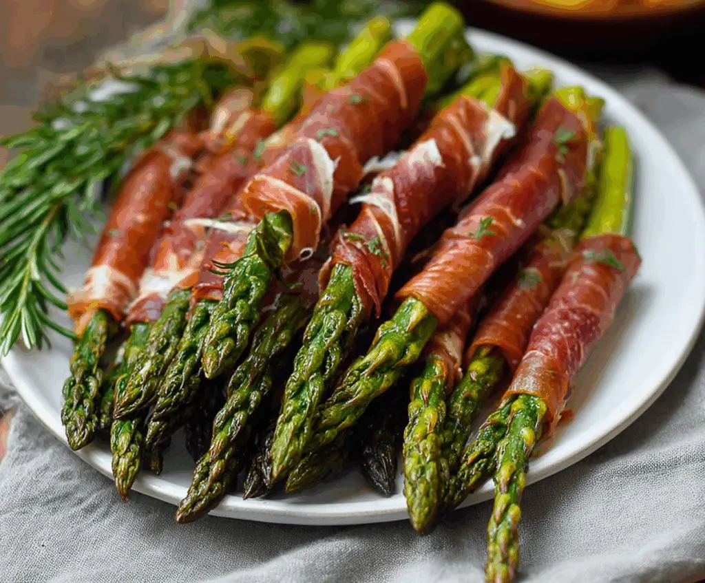 Delicious Prosciutto-Wrapped Asparagus appetizer garnished with herbs, perfect for entertaining.