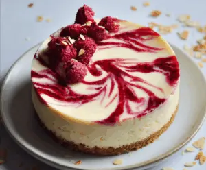 Delicious raspberry almond cheesecake topped with fresh raspberries and sliced almonds on a decorative plate.